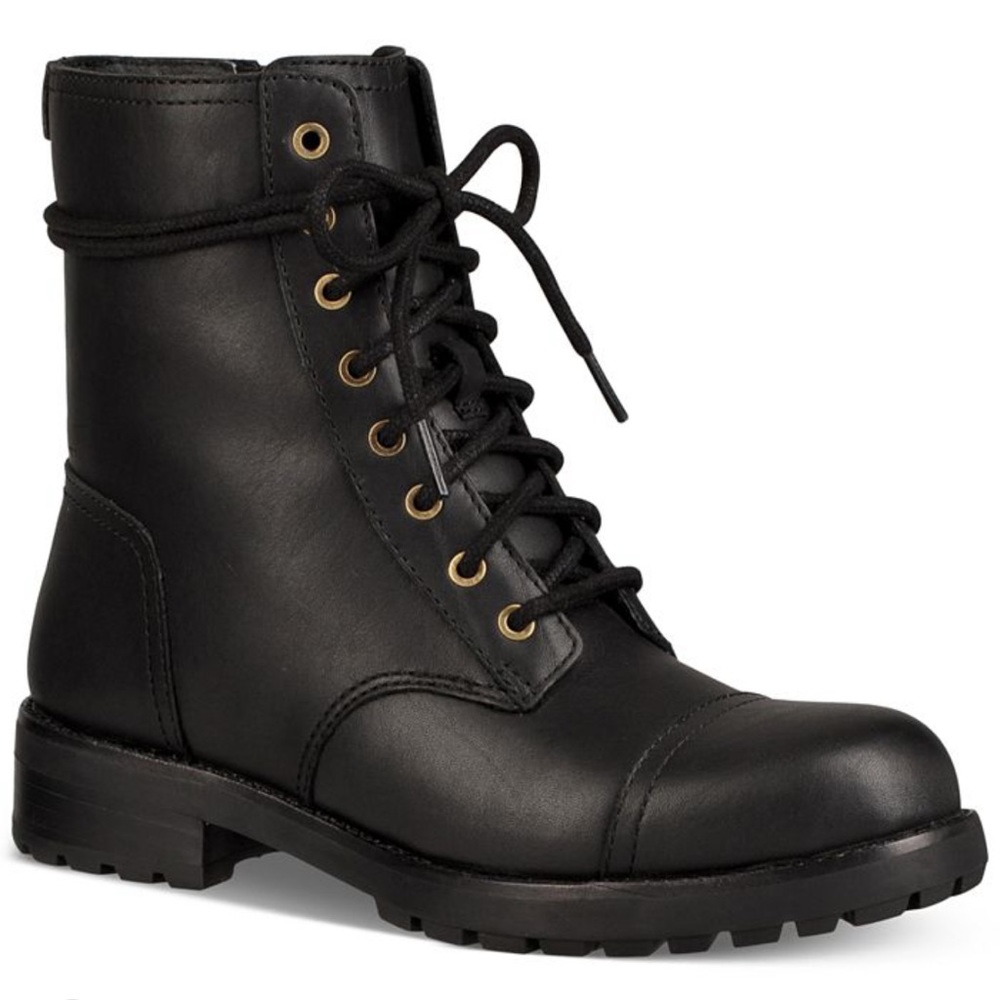 Ugg Kilmer Black Leather Combat Boots w/ Wool/Shearling Lining 9.5 NIB